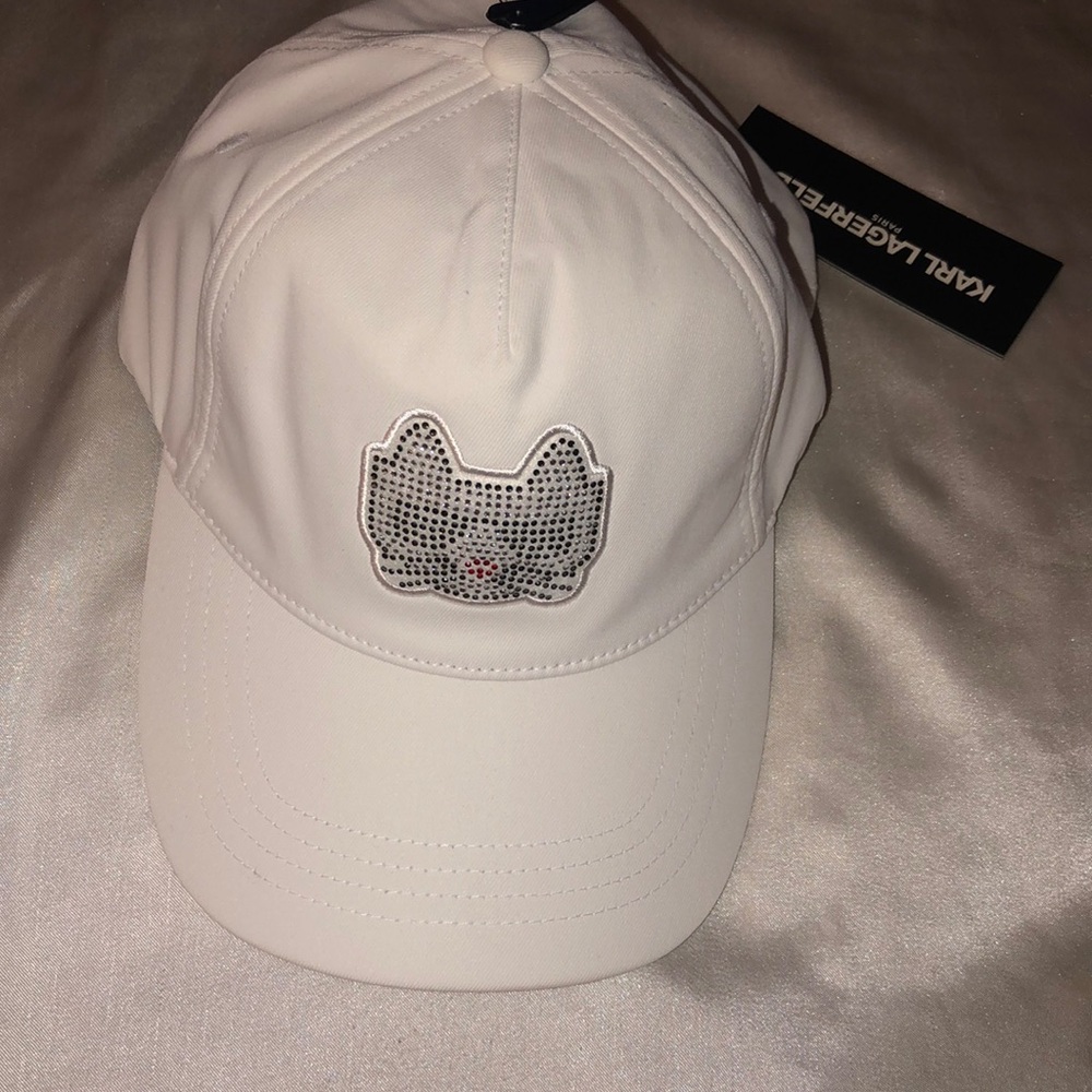 Karl Lagerfeld Paris White Rhinestone Embellished Choupette Baseball Cap OS NWT